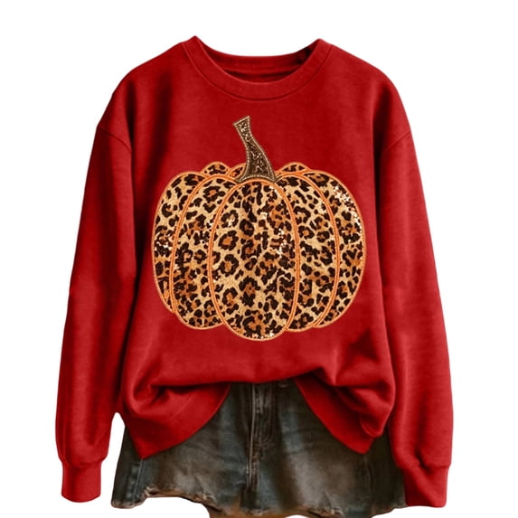 Bainana Halloween Women Sweatshirt Leopard Pumpkin Graphic Pullover Shirt Fashion Theme Events Sweatshirts Red XL
