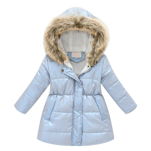 Bainana Hoodie Jacket For Little Girls Solid Color Long Sleeve Coat Windproof Thick Autumn Winter Parka Jacket Light Blue Size 10-11 Years