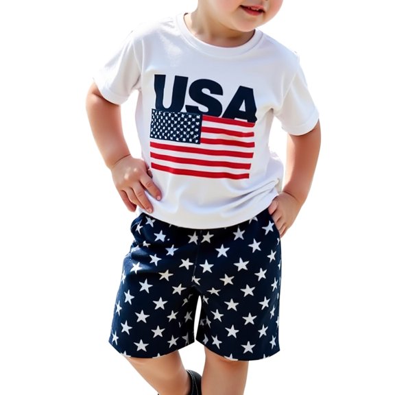 Bainana Independence Day Outfit Set For Toddler Boys Cartoon Print Short Sleeve Crew Neck Tops And Shorts Set Comfortable Handsome Little Boys Festival Party Playwear Size 18-24 Months
