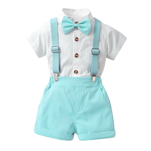 Bainana Boys Summer Suit Set Solid Color Short Sleeve Button Down Shirts And Suspender Shorts Set Leisure Handsome Toddler Boys Performance Formal Casual Wear Size 12-18 Months