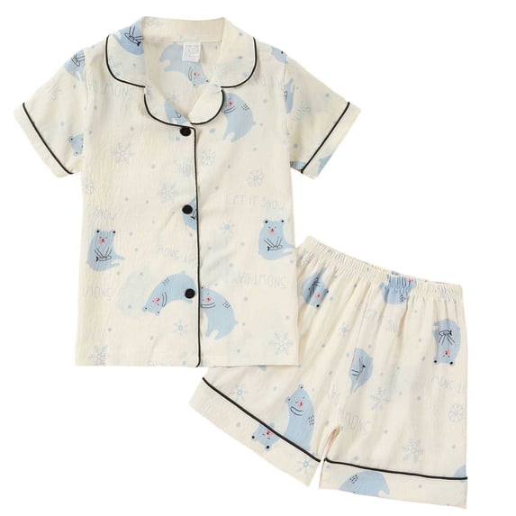 Bainana Girls 2 Pieces Sleep Outfit Set Cartoon Print Short Sleeve Button Down Shirts And Shorts Set Soft Leisure Toddler Girls Holiday School Daily Loungewear Size 4-5 Years Blue