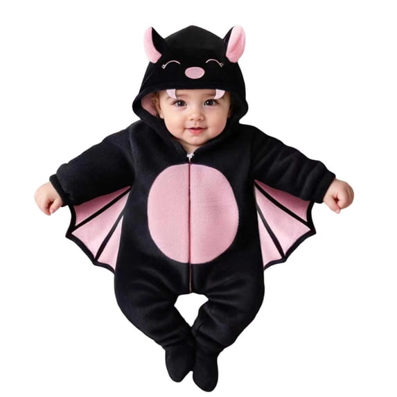 Bainana Infant Kids Halloween Romper Cartoon Bat Print Long Sleeve Hooded Jumpsuit Adorable Baby Girls And Boys Theme Party Bodysuit 0-1 Months Black