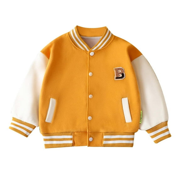 Bainana Jacket For Little Girls Color Block Print Long Sleeve Coat Warm Comfortable Spring Autumn Child Baseball Clothes Yellow Size 10-12 Years