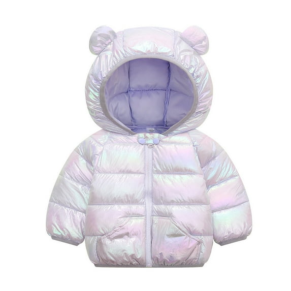 Bainana Down Jacket For Girls Toddler Solid Color Long Sleeve Bear Ear Hooded Coat Casual Cute Winter Kids Zipper Outerwear Light Purple Size 4-5 Years