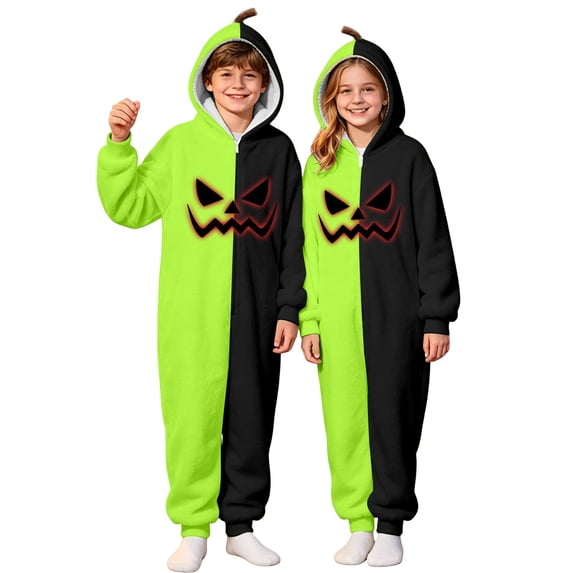 Bainana Kids Halloween Color Block Pajamas Fleece Romper Cute Long Sleeve Face Print Hooded Jumpsuit Boys And Girls Everyday Wear Sleep Bodysuit