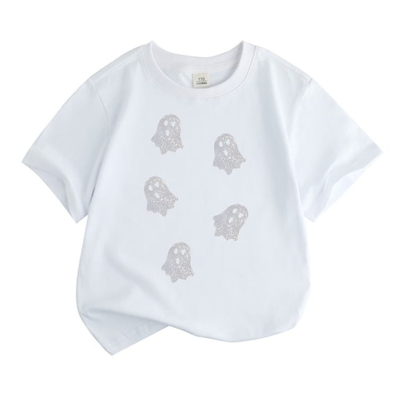 Bainana Kids Halloween T-Shirts Girls Size 10-11 Years Comfortable Ghost Print Short Sleeve Shirts Theme Party Outfits White