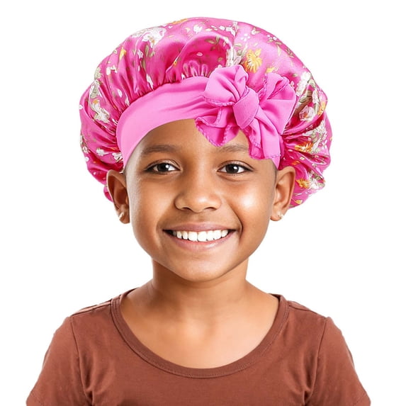 Bainana Kids Silk Sleep Cap With Bow Tie Girls Elastic Straps Floral Printed Hair Protection Cap Fashion Lightweight Child Shower Cap