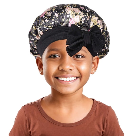 Bainana Kids Silk Sleep Cap With Bow Tie Girls Elastic Straps Floral Printed Hair Protection Cap Fashion Lightweight Child Shower Cap