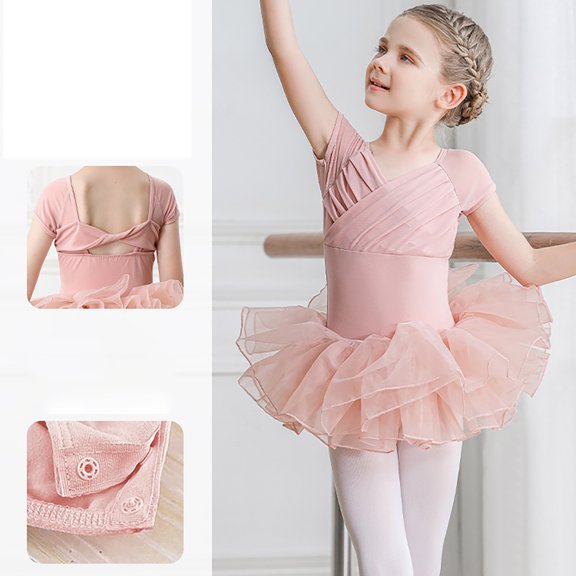 Bainana Little Baby Girls Cute Ballet Dance Dress Size 4-5 Years Color Block Short Sleeve V Neck Dresses Girls Performance Dance Tutu Dress Pink