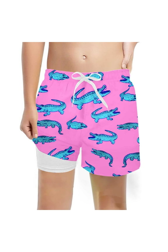 Little Boys Swim Shorts Crocodile Print Elastic High Waisted Straight Leg Swim Trunks Loose Comfortable Summer Kids Shorts Pink Size 10-12 Years