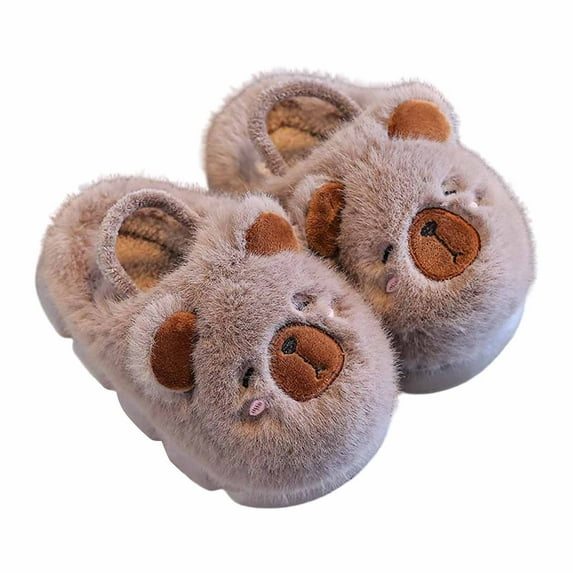 Bainana Little Girls Boys Shoes Cartoon Print Anti Slip Easy On Slippers Cute Lovely Autumn Winter Kids Indoor Footwear Brown Size 2.5-3 Years