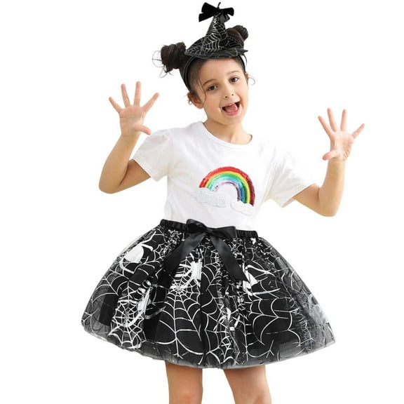 Bainana Little Girls Bubble Skirt Spider Web Print Elastic Waist Layered Tulle Skirt Beautiful Casual Dance Dress With Hair Band Black Size 5-8 Years