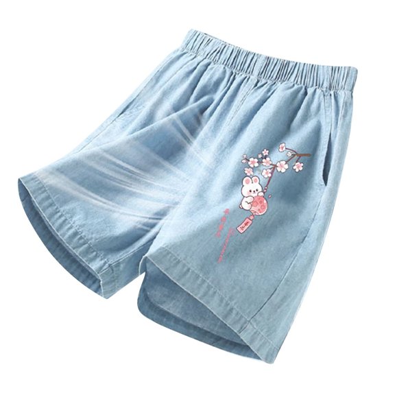 Bainana Little Girls Shorts Cartoon Print Elastic Waist Straight Leg Shorts Quick Dry Lightweight Summer Kids Outdoor Wear Light Blue3 Size 5-6 Years