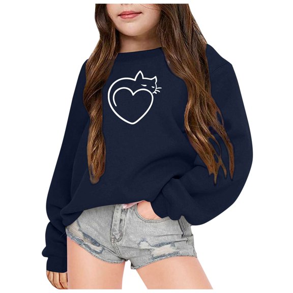 Bainana Little Girls Sweatshirt Cartoon Print Long Sleeve Crew Neck Shirt Fashion Casual Autumn Winter Girls Pullover Top Navy Size