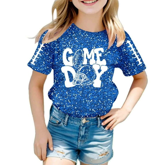 Bainana Little Girls Tops Sequin Print Short Sleeve Crew Neck Shirt Fashion Casual Summer Kids Outwear Blue Size 10-11 Years