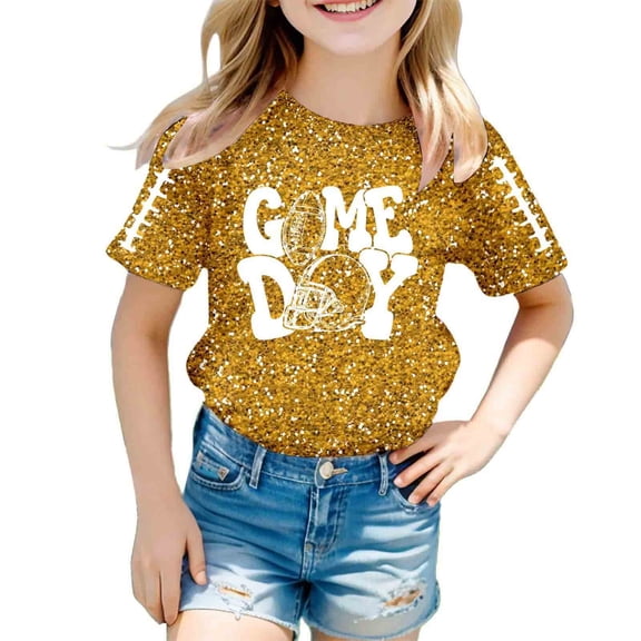 Bainana Little Girls Tops Sequin Print Short Sleeve Crew Neck Shirt Fashion Casual Summer Kids Outwear Gold Size 4-5 Years