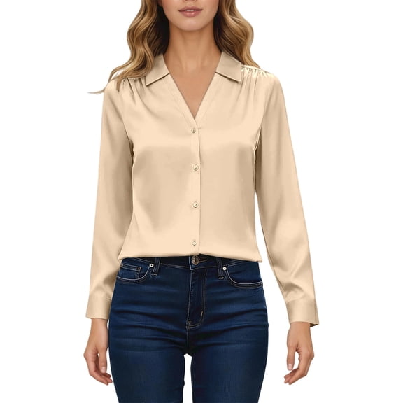 Bainana Long Sleeve Blouse For Women Solid Color Button Down Lapel Collar Shirt Classic Lightweight Female Ladies Spring Fall Tshirt Beige Size L