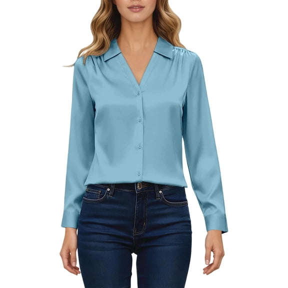 Bainana Long Sleeve Blouse For Women Solid Color Button Down Lapel Collar Shirt Classic Lightweight Female Ladies Spring Fall Tshirt Blue Size Xxl