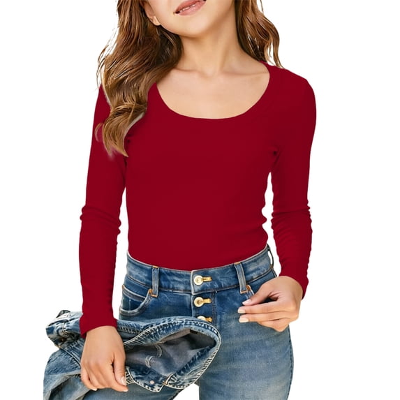 Bainana Long Sleeve T Shirts For Kids Girls Solid Color Crew Neck Tops Classic Stretchy Kids Spring Fall Casual Underwear Shirts Red Size 13-14 Years