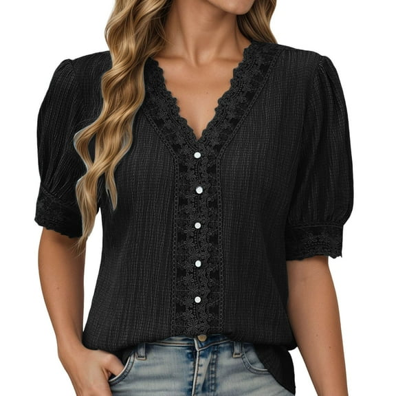 Bainana Loose Fit Lace Shirt For Women Solid Color Half Sleeve Button Down V Neck Blouse Modern Soft Ladies Spring Summer Outfits Black Size S