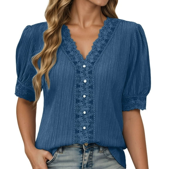 Bainana Loose Fit Lace Shirt For Women Solid Color Half Sleeve Button Down V Neck Blouse Modern Soft Ladies Spring Summer Outfits Blue Size S