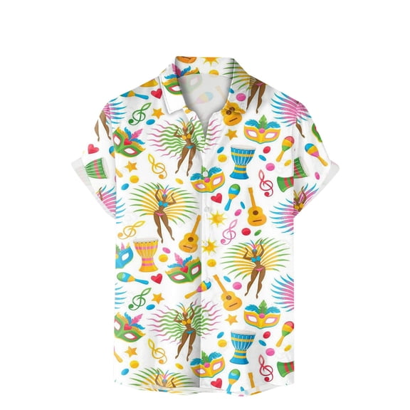 Bainana Men'S Carnival Short Sleeve Shirts 3D Print Button Down Lapel Collar Tops Soft Casual Men Mardi Gras Festival Summer Comfort Fit Outfits Yellow Size Xxl