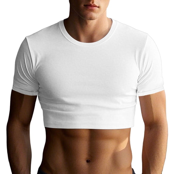 Bainana Men'S Crop T-Shirts Solid Color Short Sleeve Crew Neck Tops Fashion Leisure Man Summer Vacation Party Play Outfits White Size L