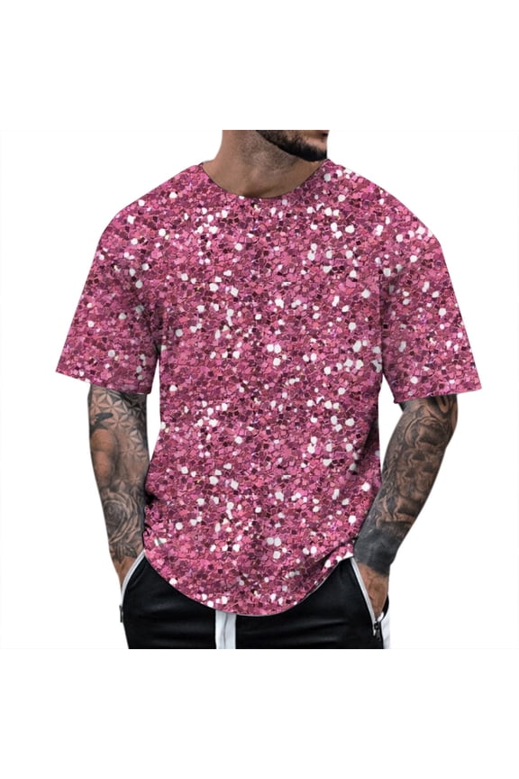 Men'S Sparkling T-Shirts Sequin Print Short Sleeve Crew Neck Tops Fashion Comfortable Man Summer Festival Party Outfits Hot Pink Size Xxl