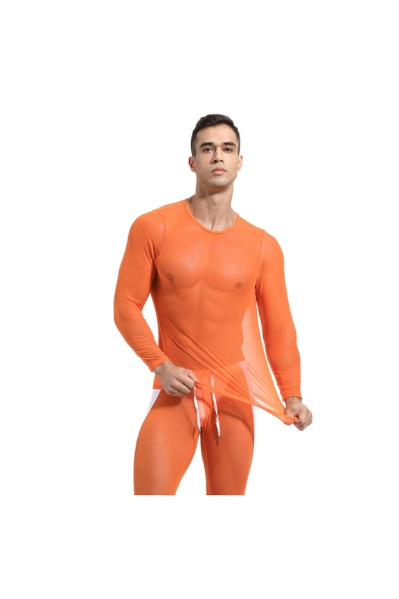 Men'S Transparent T-Shirts Solid Color Long Sleeve Crew Neck Tops Lightweight Fashion Male Festival Party Play Workout Shirts Orange Size Xl