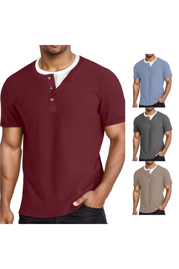 Men Short Sleeve Shirt Knit Two Layer Casual Tee Top Solid Color Crew Neck T-Shirts For Everyday Wear Red Size L