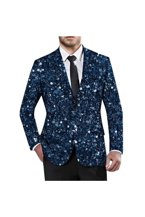Men's Suit Jacket Sequin Print Long Sleeve Lapel Collar Coat Fashion Casual Gentleman Carnival Festival Performance Wear Navy Size Xl