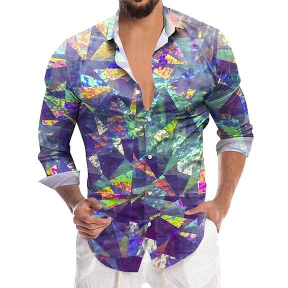 Bainana Mens Carnival T-Shirt 3D Print Long Sleeve Lapel Collar Tops Fashion Soft Men's Mardi Gras Loose Fit Button Up Shirts Purple Size Xl