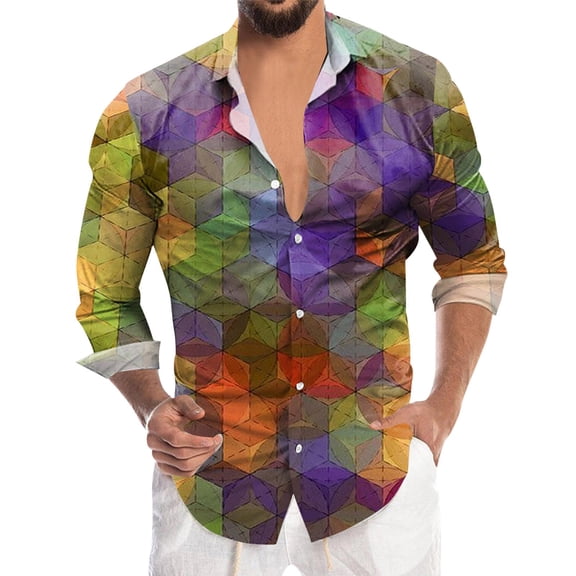 Bainana Mens Carnival T-Shirt 3D Print Long Sleeve Lapel Collar Tops Fashion Soft Men's Mardi Gras Loose Fit Button Up Shirts Yellow Size Xl