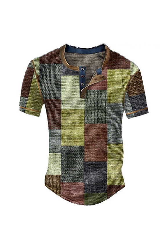 Mens Retro T-Shirts Plaid Print Short Sleeve Crew Neck Tops Fashion Comfortable Male Summer Street Casual Daily Wear Army Green Size Xxl