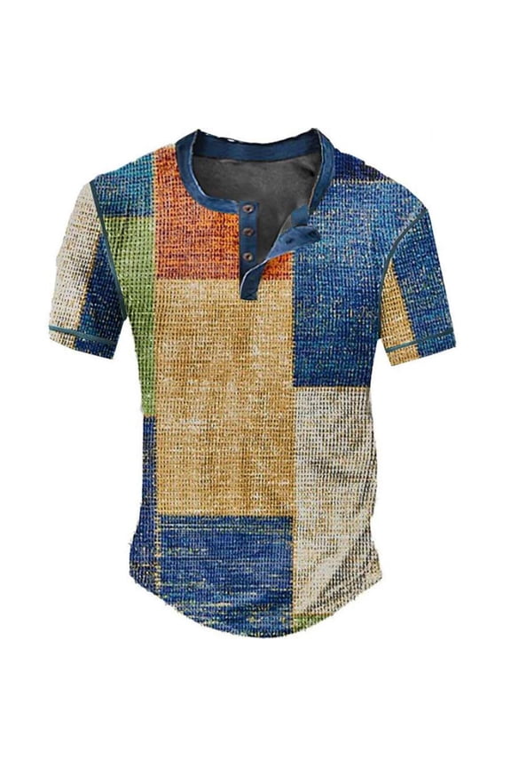 Mens Retro T-Shirts Plaid Print Short Sleeve Crew Neck Tops Fashion Comfortable Male Summer Street Casual Daily Wear Blue Size Xxxl