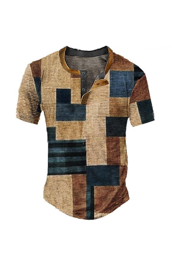 Mens Retro T-Shirts Plaid Print Short Sleeve Crew Neck Tops Fashion Comfortable Male Summer Street Casual Daily Wear Khaki Size Xxl