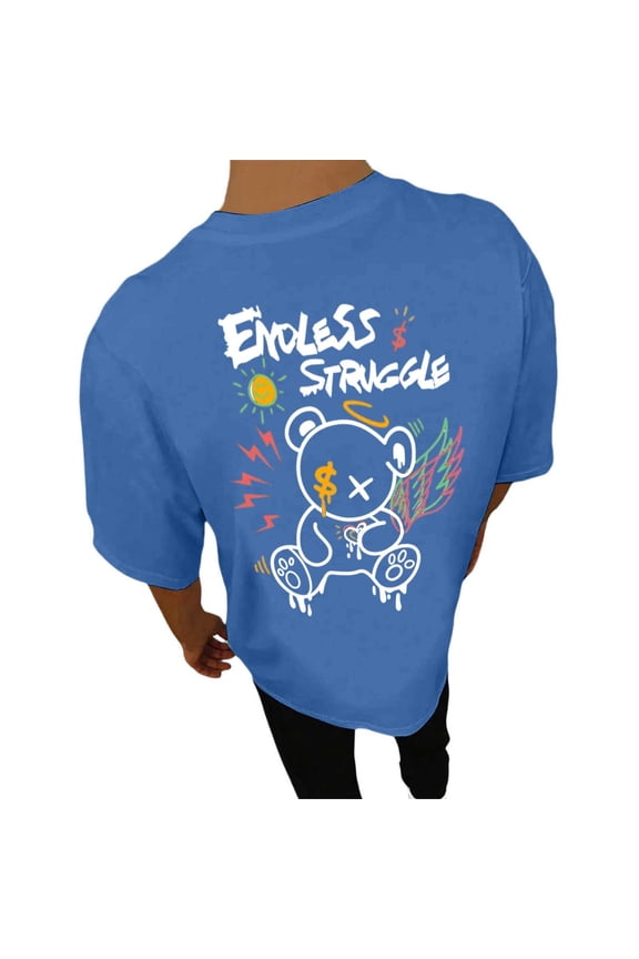 Mens T-Shirts Cartoon Print Short Sleeve Crew Neck Tops Fashion Classic Man Summer Vacation Party Outfits Blue Size Xxxl