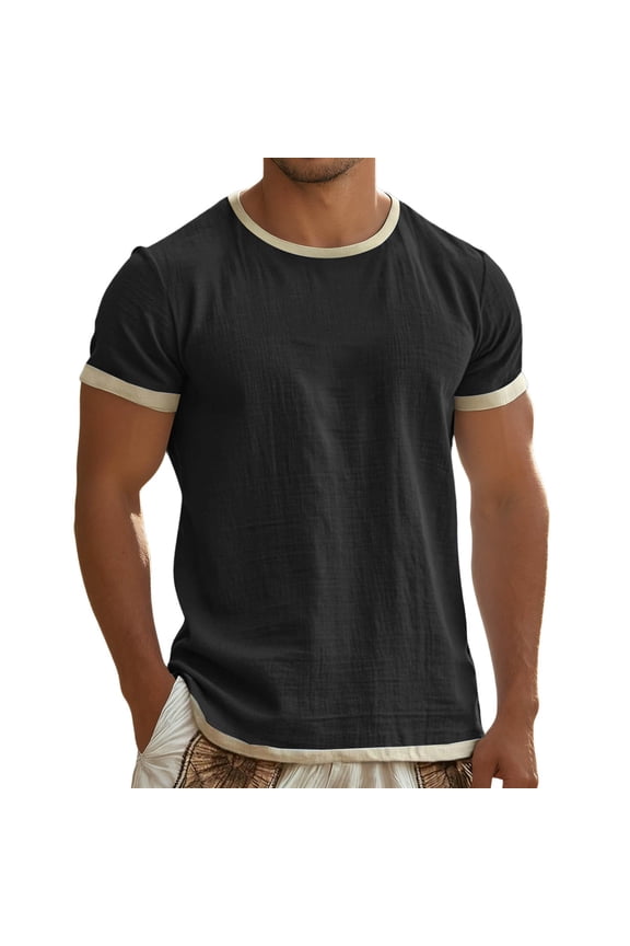 Mens T-Shirts Solid Color Short Sleeve Crew Neck Tops Breathable Comfortable Man Summer Vacation Party Outfits Black Size L
