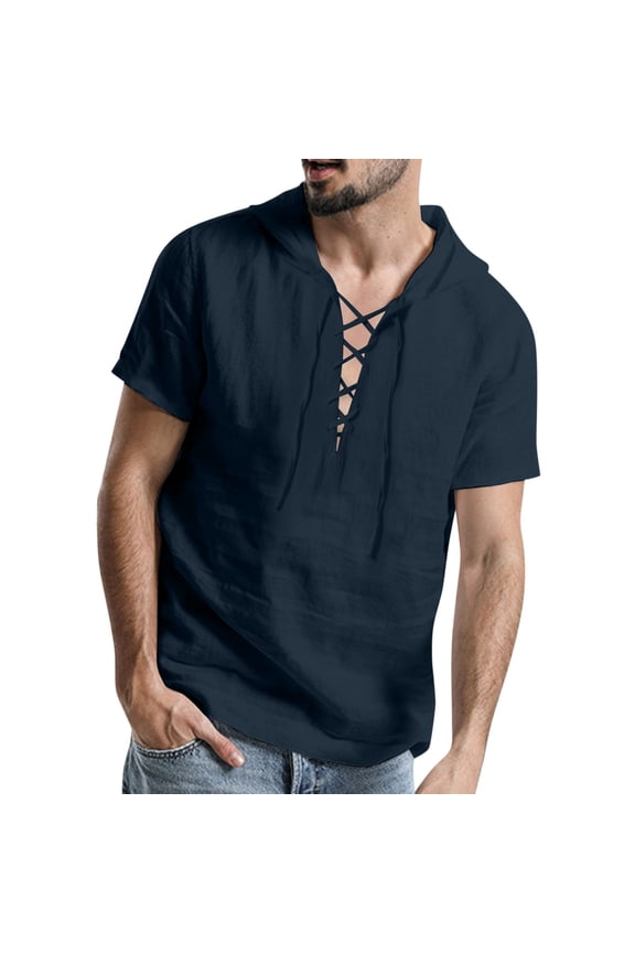 Mens T Shirts Solid Color Short Sleeve Drawstring Hooded Fashion Comfortable Man Summer Vacation Party Outfits Navy Size Xxl