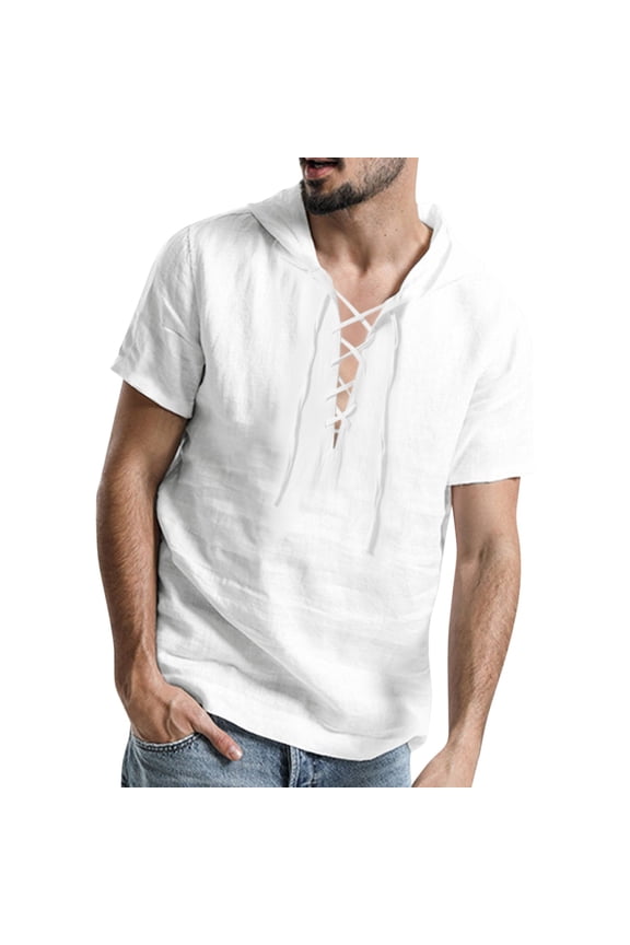 Mens T Shirts Solid Color Short Sleeve Drawstring Hooded Fashion Comfortable Man Summer Vacation Party Outfits White Size Xl