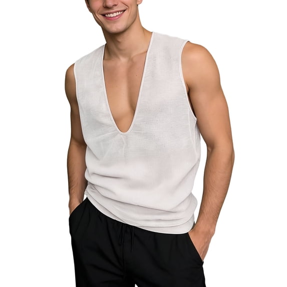 Bainana Mens V Neck Tank Tops Loose Fit Sleeveless See Through Mesh Shirts Summer Sports Streetwear Tshirts Beige Size L