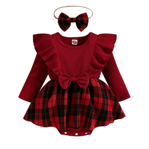 Bainana Newborn Girls Bodysuit Dress Plaid Print Long Sleeve Crew Neck Clothes Fashion Loose Kids Jumpsuit With Headband Red Size 6-9 Months