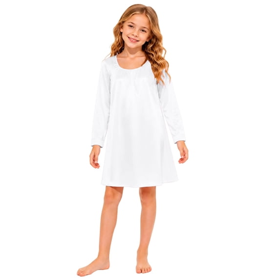 Bainana Nightdress For Girls Kids Long Sleeve Crewneck Pajama Dress Sleepwear Outfits Solid Color Loungewear Dresses Size 9-10 Years White
