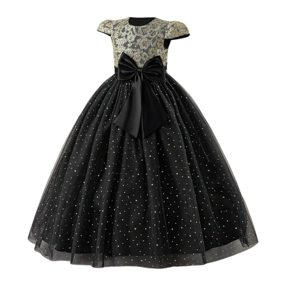 Bainana Princess Dress Up For Girls Child Color Block Short Sleeve Crew Neck Dresses Elegant Beauty Girls Birthday Festival Dress Up Clothes 10-11 Years Black