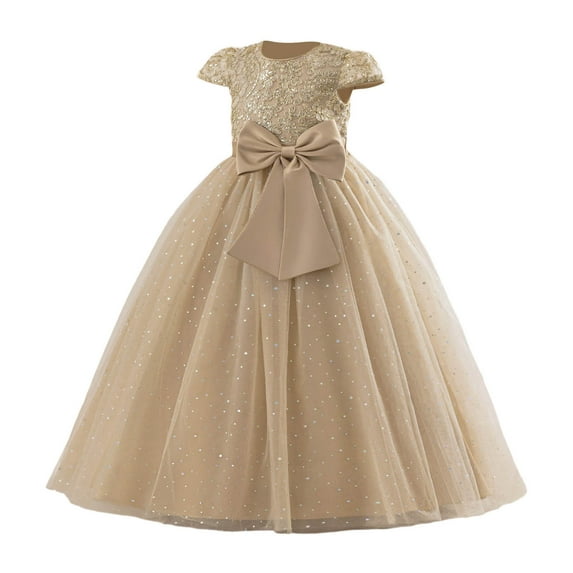 Bainana Princess Dress Up For Girls Child Color Block Short Sleeve Crew Neck Dresses Elegant Beauty Girls Birthday Festival Dress Up Clothes 8-9 Years Khaki