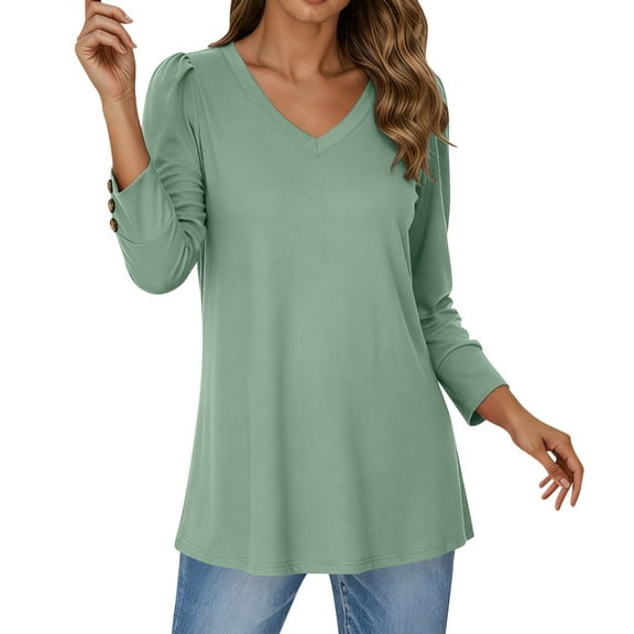 Bainana Pullover T-Shirt For Women Solid Color Half Sleeve With Button Decoration Design Shirt Breathable Casual Female V Neck Tops Green Size M