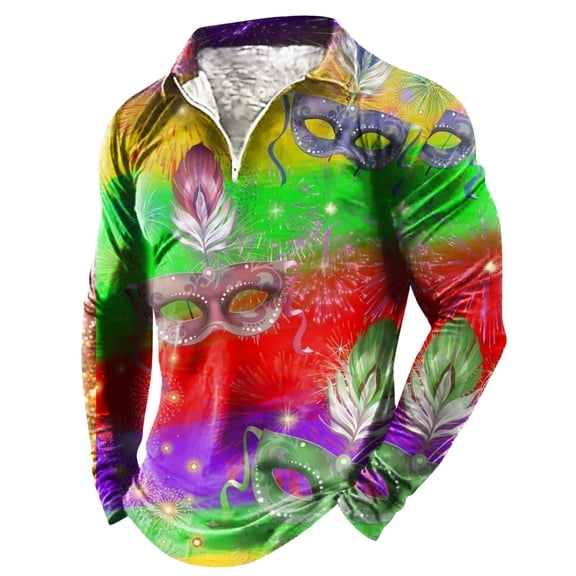 Bainana Pullover Zip Up Carnival Shirt For Men Color Block Sequin Print Fashion Tops Long Sleeve Lapel Collar Men'S Mardi Gras T-Shirt Red Size M