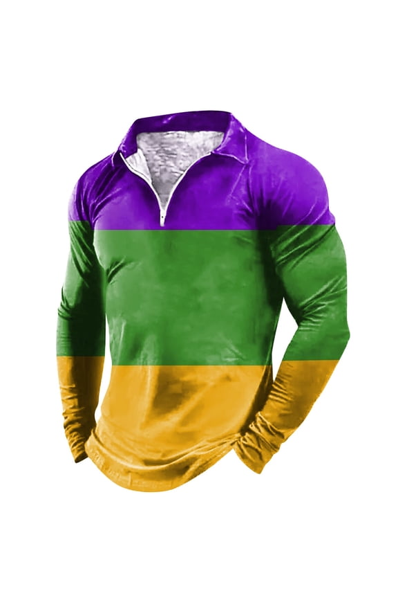 Pullover Zip Up Carnival Shirt For Men Color Block Srtiped Print Fashion Tops Long Sleeve Lapel Collar Men's Mardi Gras T-Shirt Green Size L