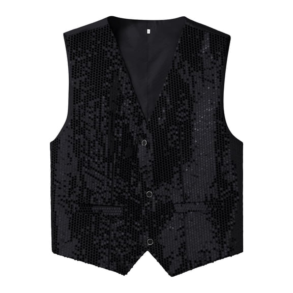 Bainana Sequin Print Carnival Vest Coat For Men Solid Color Sleeveless V Neck Jacket Lightweight Soft Male Button Down Suit Jacket Black Size Xxl