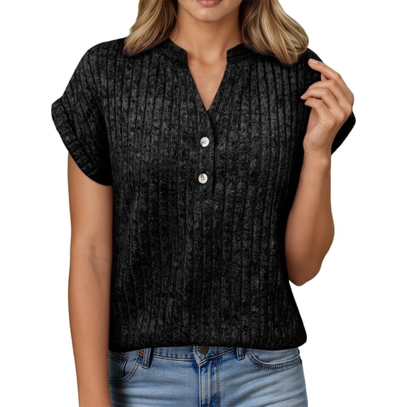 Bainana Shirts For Women Solid Color Short Sleeve Crew Neck Button Down Top Stylish Regular Fit Female Casual Wear Tee Shirts Black Size M